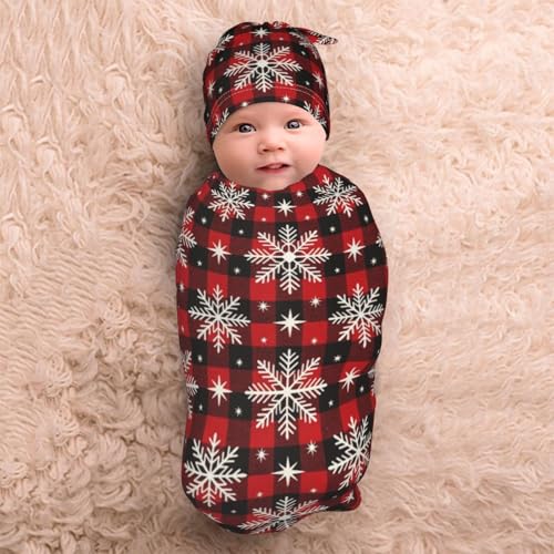 Christmas Buffalo Check Swaddle Blanket and Hat Set for Babies - One Size