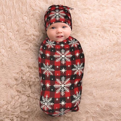 Christmas Buffalo Check Swaddle Blanket and Hat Set for Babies - One Size