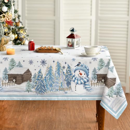 Christmas Tablecloth 60 x 84 Inch Rectangular Blue Snowman Pine - Holiday Decor