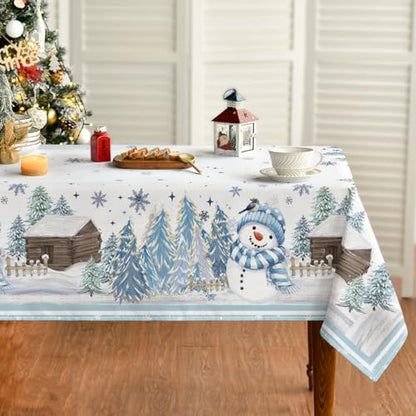 Christmas Tablecloth 60 x 84 Inch Rectangular Blue Snowman Pine - Holiday Decor