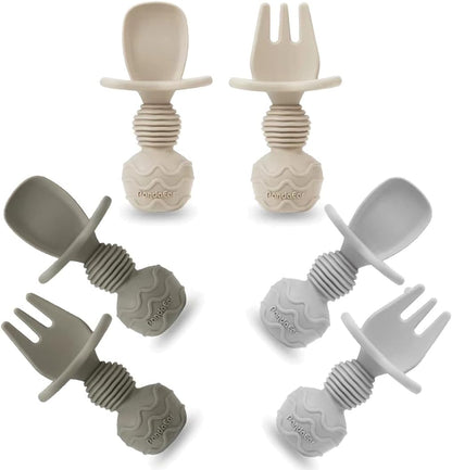 PandaEar Silicone Baby Spoons & Fork Feeding Set - Anti-Choke Utensils for Baby Led Weaning | 6 Pack (Tan, Walnut & Grey)