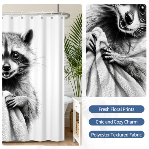 Funny Raccoon Shower Curtain with Hooks - 72x72 Inch Waterproof Polyester