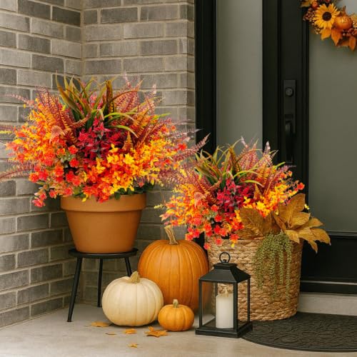Artificial Fall Plants Flowers Set - 6 Mix Styles, UV Resistant Outdoor Faux Flowers for Porch & Garden