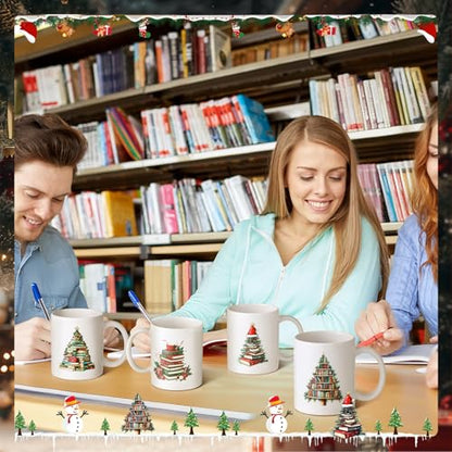 Book Lover Coffee Mug Set - 4 Pack Ceramic Bookworm Cups with Christmas Tree Design