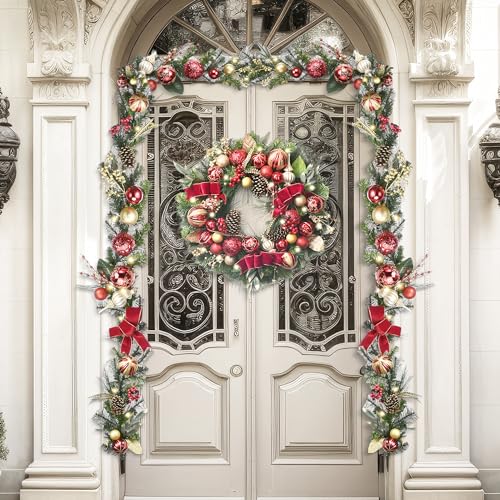 Red 9 Feet Pre-Lit Christmas Garland with Red Gold Balls & Bow - Valery Madelyn