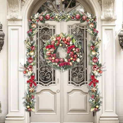 Red 9 Feet Pre-Lit Christmas Garland with Red Gold Balls & Bow - Valery Madelyn