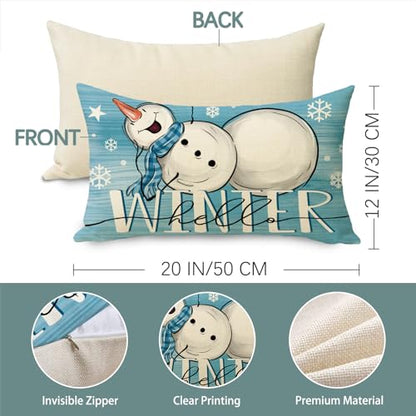 Hello Winter Snowman Blue Lumbar Throw Pillow Cover 12x20 Pack of 4