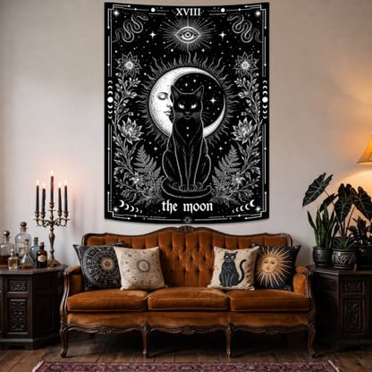 Gothic Black Cat Moon Tarot Wall Tapestry - 44x60in Mystic Decor