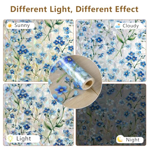 Stained Glass Window Privacy Film Blue 17.7 x 78.7 in - Vintage Floral Pattern