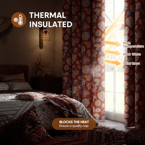 Terracotta Floral Blackout Curtains for Bedroom 84 Inch 2 Panels - Variation of Terracotta and Orange Floral