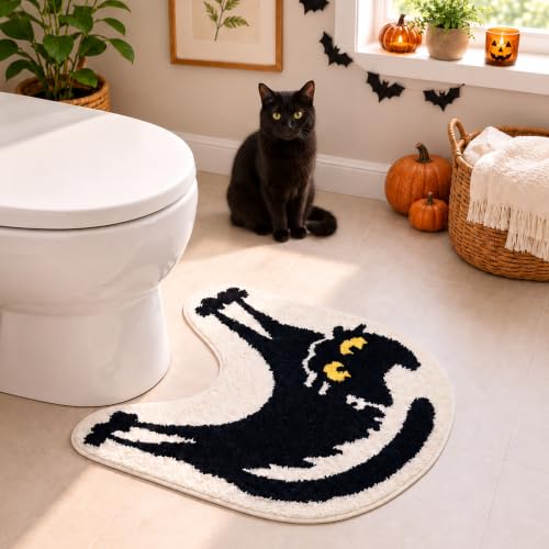 Black Cat U-Shaped Toilet Rug - Washable Bathroom Mat, 24x20 Inches