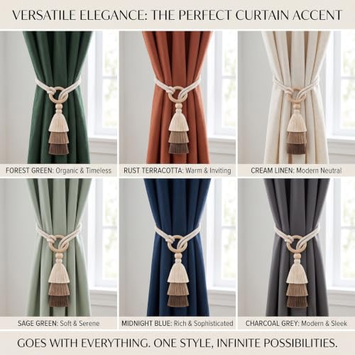Cotton-Linen Curtain Tiebacks with Tassels - 3 Tone Layered 4 Pack - Natural Decor