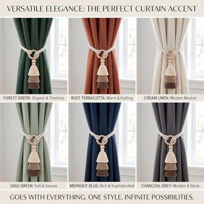 Cotton-Linen Curtain Tiebacks with Tassels - 3 Tone Layered 4 Pack - Natural Decor