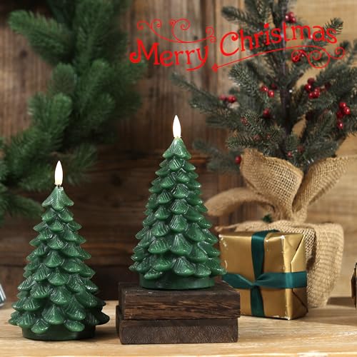Christmas Tree Flameless Candles with Remote 2-Pack, Green Wax, Battery Operated
