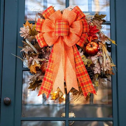 4 Pcs Large Thanksgiving Buffalo Plaid Wreath Bows - Orange Fall Decor