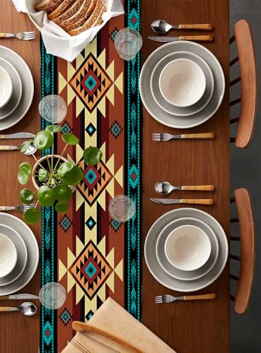 Farmhouse Cotton Linen Table Runner 13x48 Inches for Dining Table, Washable Ethnic Tribal Boho Style - Variation of THIS listing