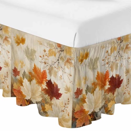 Queen Bed Skirt with Adjustable Elastic Fit Fall Maple Leaves Ruffle 16 Inch Drop