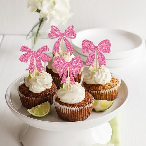 Pink Christmas Bowknot Cupcake Toppers 24 Pack - Holiday Party Decorations
