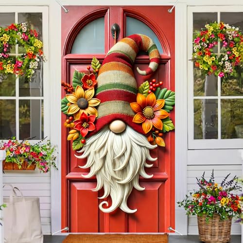 Christmas Door Cover Gnome Red Holiday Decor 35x71 Inch Polyester