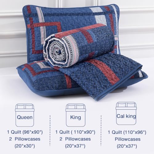 WONGS BEDDING Navy Blue Quilt Set Queen Size 3 Pieces Boho Stripe Bedspread