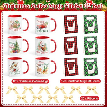 Christmas Coffee Mugs with Gift Boxes - Red Green Watercolor Set of 12