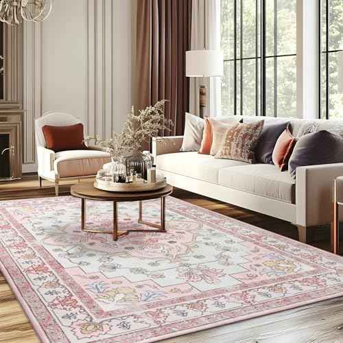 MOSISO 4x6 Area Rug for Living Room, Washable Area Rug, Non Slip Vintage National Area Rugs, Low Pile Carpet, Faux Wool Rectangular Area Rugs Carpet for Living Room Bedroom Dining Room, Home, Pink