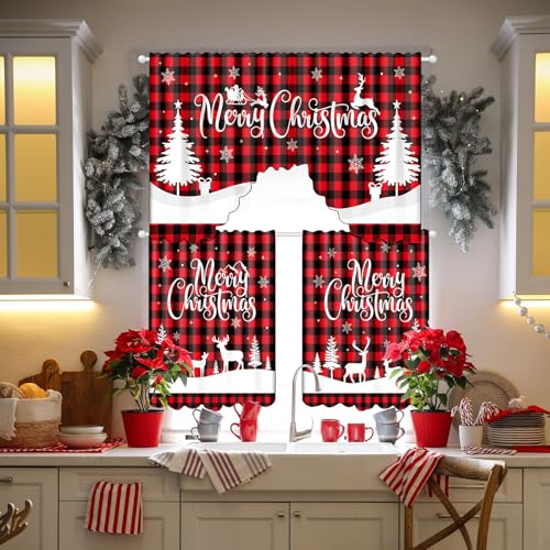 Christmas Kitchen Curtains Set - Red Black Buffalo Plaid Window Decor, 6 Pieces Variation 6