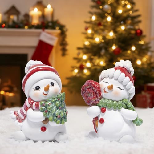 Hodao Christmas Snowman Figurines Set of 2 - Resin Holiday Home Decor