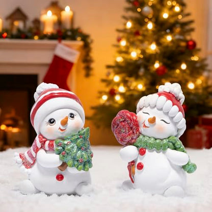 Hodao Christmas Snowman Figurines Set of 2 - Resin Holiday Home Decor