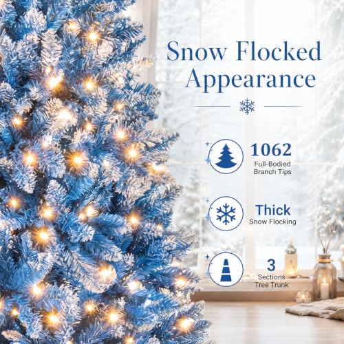 7Ft Snow Flocked Artificial Blue Christmas Tree Pre-Lit with 8 Lighting Styles