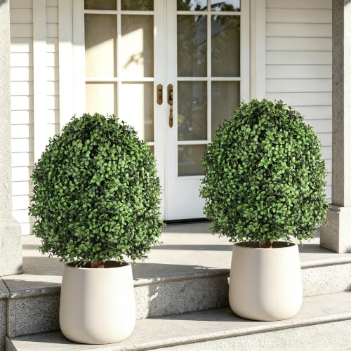 Artificial Boxwood Topiary Bush Set - 2 Pack 27 Inch Outdoor Faux Greenery with Metal Ground Spikes