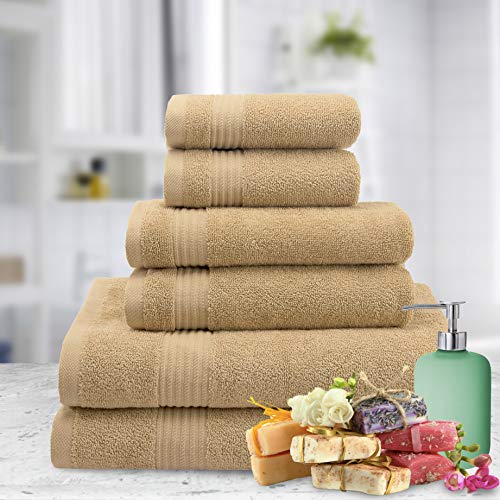 X Large 6 Piece Towel Set - Turkish Cotton Bathroom Towels in Beige