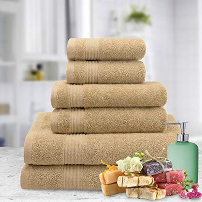X Large 6 Piece Towel Set - Turkish Cotton Bathroom Towels in Beige