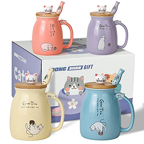 Cute Cat Mug Set of 4 with Lid & Fish Spoon - 15oz Kitchen Decor Gift