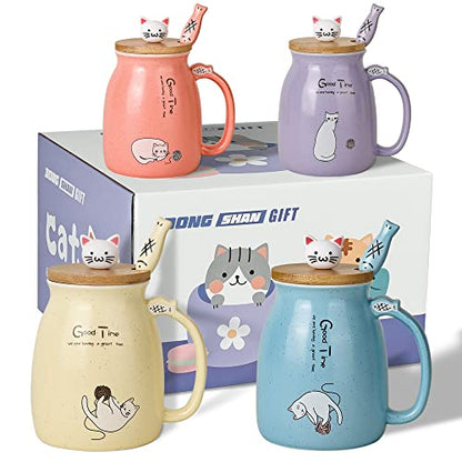 Cute Cat Mug Set of 4 with Lid & Fish Spoon - 15oz Kitchen Decor Gift