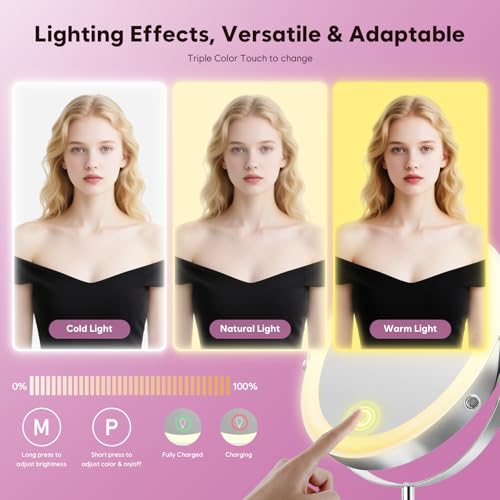Nickel 9-Inch Double-Sided Lighted Makeup Mirror with 30X Magnification & Adjustable Brightness