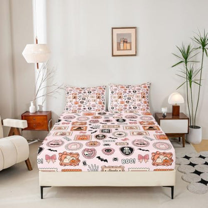 Manfei Halloween Kids Fitted Sheet Set Twin Pink Orange with Ghost Pumpkin - Deep Pocket Bedding