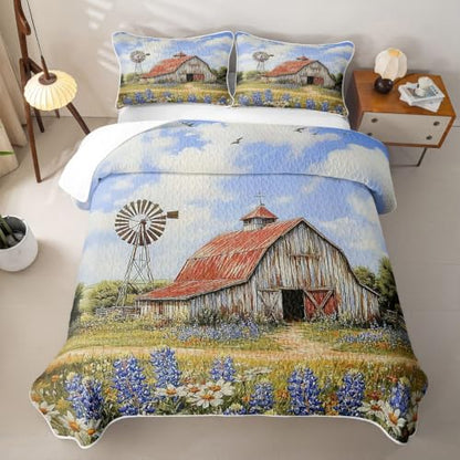 Slate Navy Blue King Farmhouse Quilt Set with Pillowcases - Rustic Red Barn & Windmill Design
