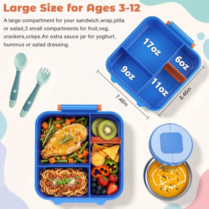 Kids Lunch Box Bento Set with 4 Compartments and 8oz Food Jar - Blue