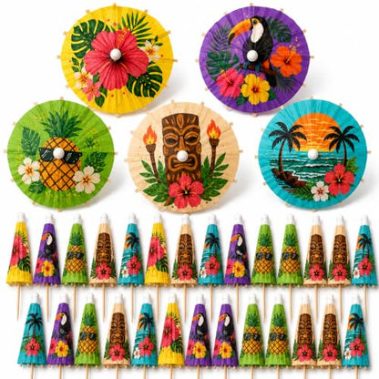 Tiki Bar Cocktail Umbrellas - 100 Pieces with Tropical Designs, Includes Classic Tiki Bar Variation
