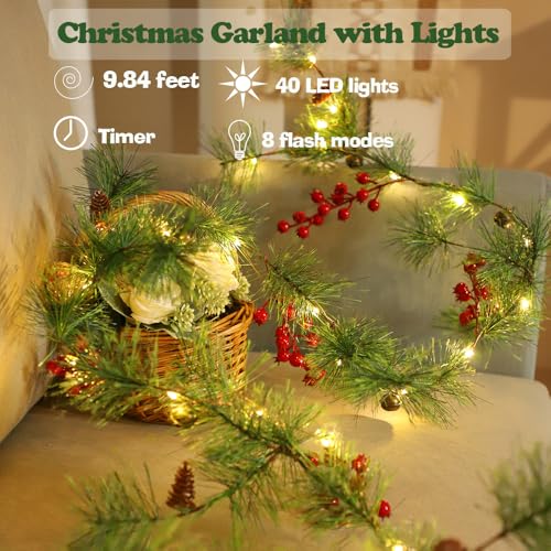 Christmas Garlands Lights 9.84FT Smokey Pine with Red Berries & Bells - Battery Operated