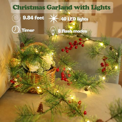 Christmas Garlands Lights 9.84FT Smokey Pine with Red Berries & Bells - Battery Operated