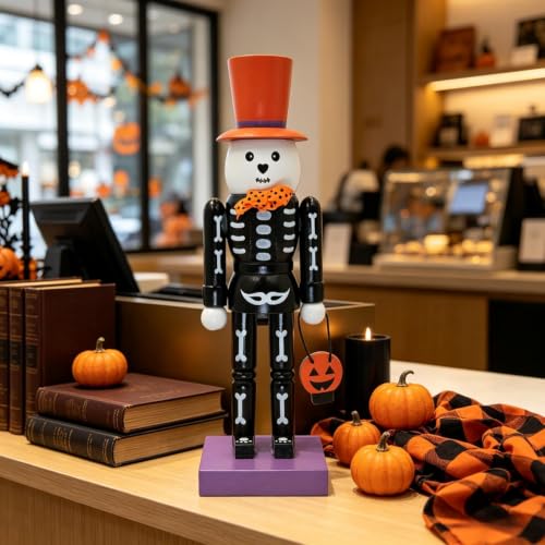 Halloween Skeleton Nutcracker Statue - Spooky 10in Wooden Holiday Decor