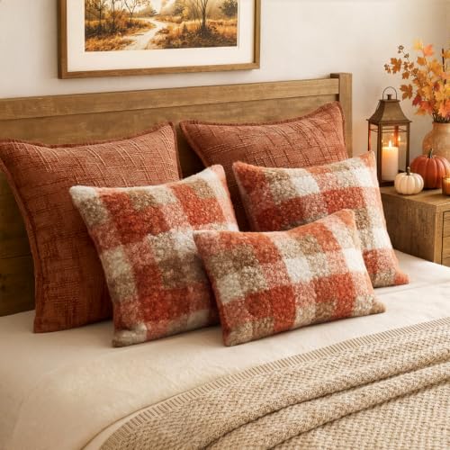 Fall Plaid Pillow Covers Set of 2 18x18 Inches Boucle Orange Rustic Farmhouse