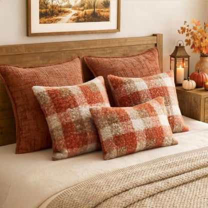 Fall Plaid Pillow Covers Set of 2 18x18 Inches Boucle Orange Rustic Farmhouse