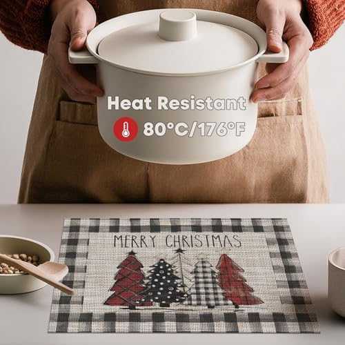 Christmas Trees Vinyl Placemats Set of 6 - 12x18 Inch Rectangular Black Winter Table Mats
