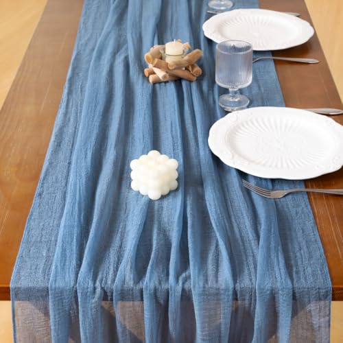 Socomi Dusty Blue Summer Gauze Cheesecloth Table Runner 120 Inch - Pack of 6