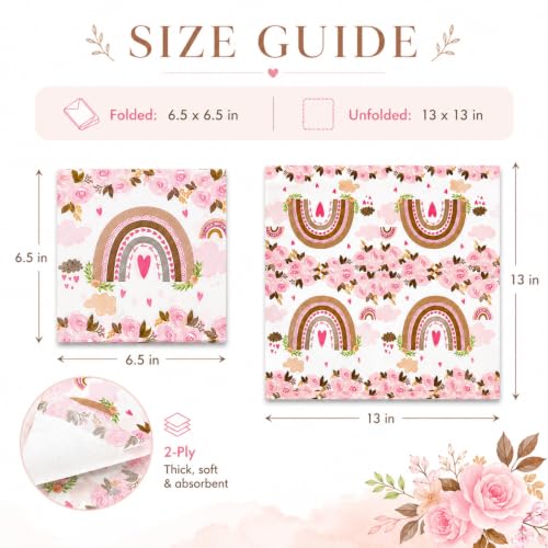 Boho Rainbow Paper Napkins Pink Floral Party Supplies 60 Count