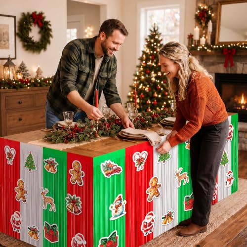 Christmas Table Skirt Set - Red Green White Tinsel Fringe Party Decorations - 4 Pack