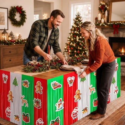Christmas Table Skirt Set - Red Green White Tinsel Fringe Party Decorations - 4 Pack